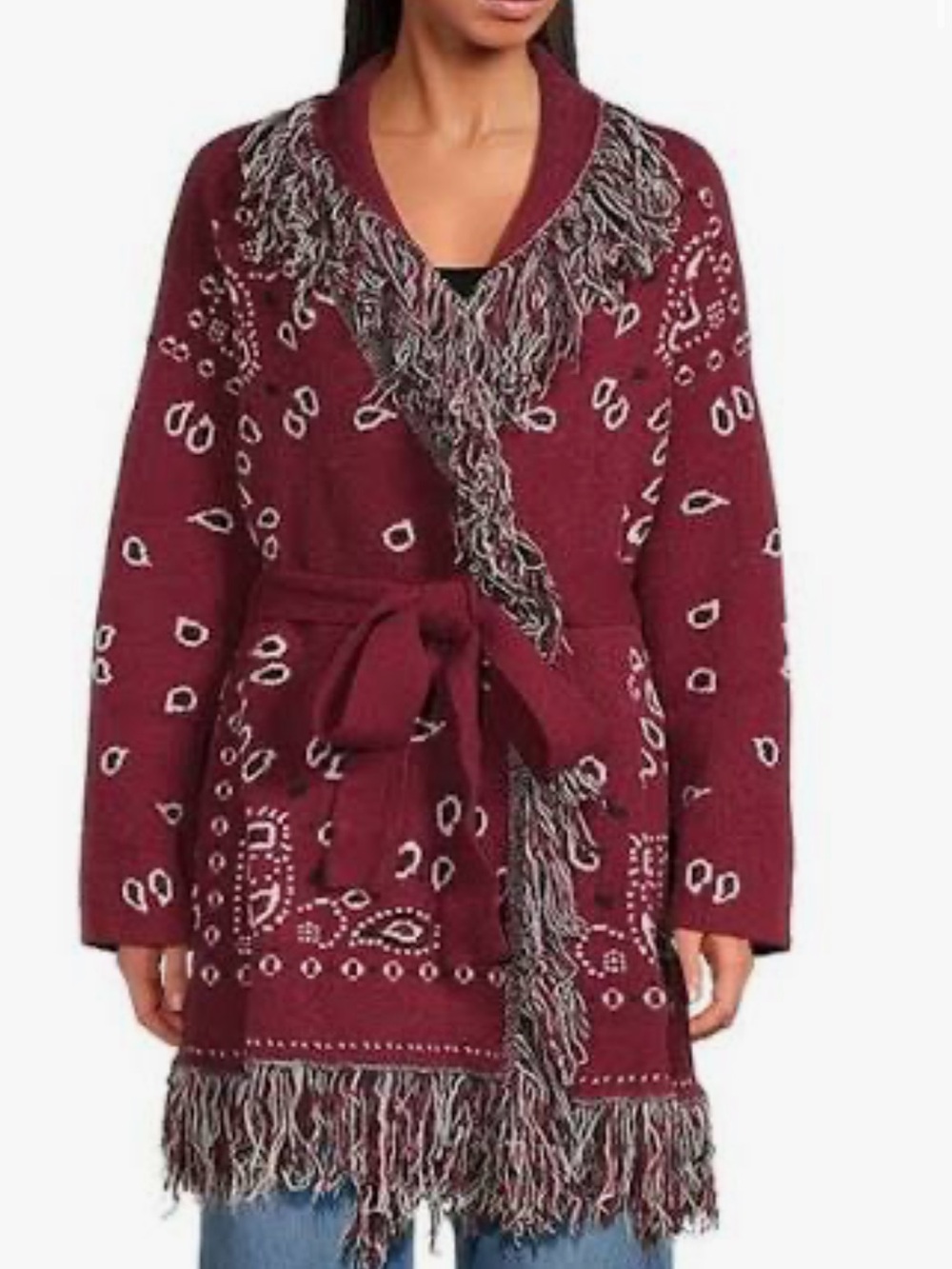 Sugarlips Bandana Fringe Shawl Collar Belted Open Front Cardigan - Maroon